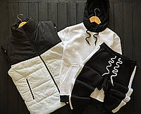Тёплый мужской спортивный костюм тройка штаны худи жилетка, зимний комплект с начесом 3в1 черно-белый