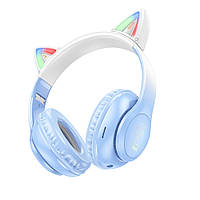 SM SM Беспроводные наушники Hoco W42 Cat Ear накладные с ушками и LED подсветкой crystal blue