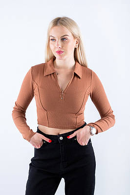 Лонгслів жіночмй зі змійкою та коміром поло коричневий 4668 (2000000119359)