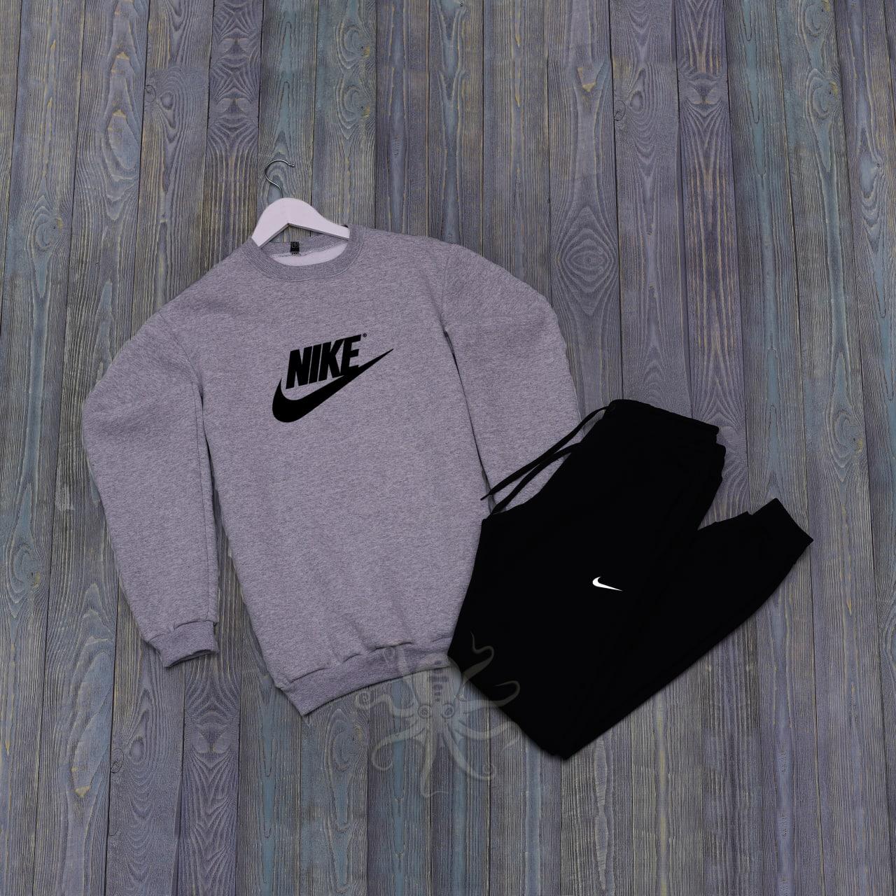 Спортивний костюм чоловічий зимовий Nike з начосом сірий-чорний комплект утеплений на флісі найк