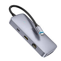 SM Мультиадаптер хаб Hoco HB32 8в1 Type-C to USB 3.0/ 2 USB 2.0/ Type-C/ HDMI/ RJ45/ SD/ TF PD 100W 0.18m