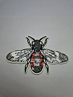 Нашивка термонаклейка пчела текстильная вышитая с пайетками, (размер 11.5 см х 7.5 см)