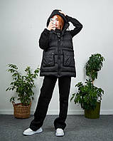 Женский черный теплый костюм тройка на флисе с жилеткой