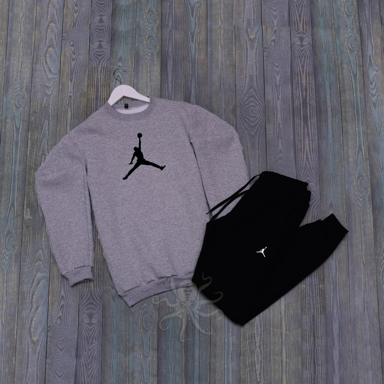 Спортивний костюм чоловічий зимовий Jordan з начосом сірий-чорний комплект утеплений на флісі джордан