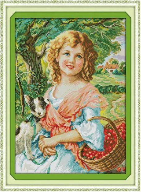 Набір для вишивання за нанесеною на канву схемою "Picking fruit girl". AIDA 14CT printed, 33*43 см
