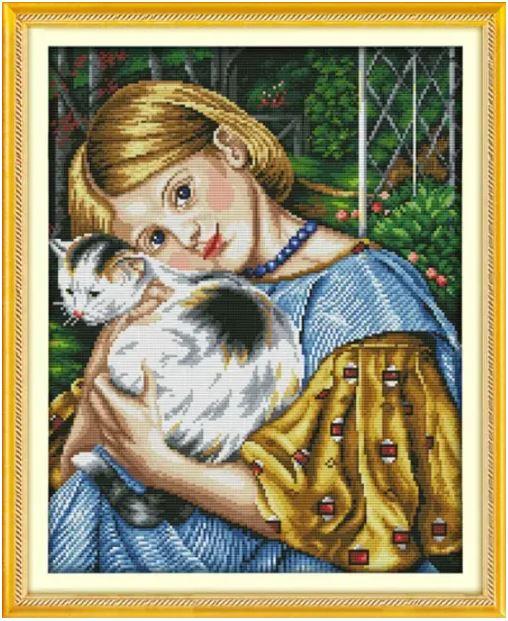 Набір для вишивання за нанесеною на канву схемою "Girl and cat 3". AIDA 14CT printed, 37*45 см