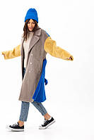 Пальто женское миди эко альпака, утепленное, дизайнерское, Капучино - Капучино - желтый -синий, 48