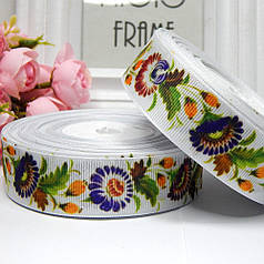 Стрічка репсова 2,5 см Мистецький розпис, білий