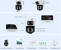 Поворотная камера Wi-Fi 4МП 8МП 4K PTZ с двумя объективами и двойным дисплеем цветной экран ночного видения,