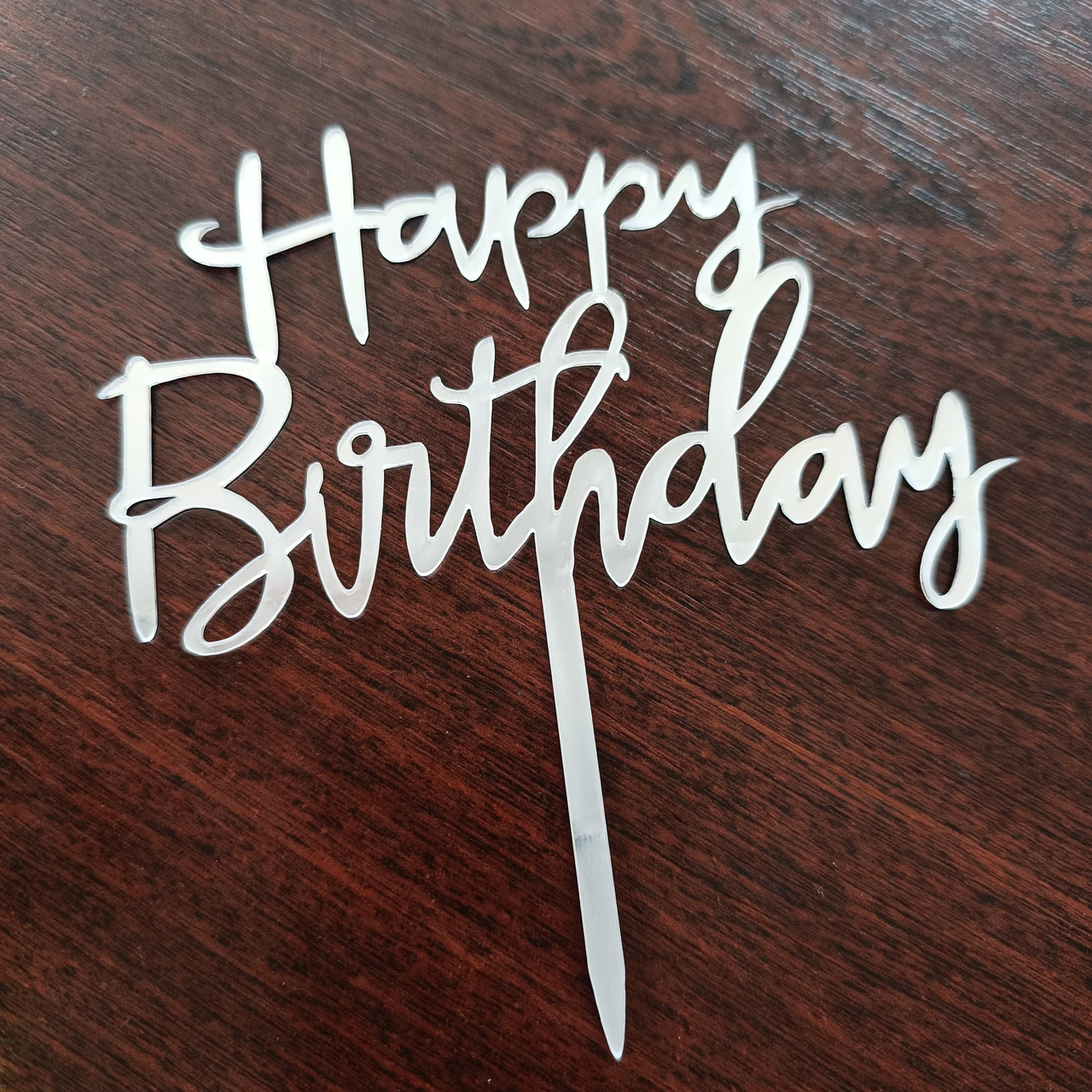 Акриловий топер у торт happy birthday срібло 2212