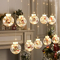 Новогодняя гирлянда LED штора шарики с игрушкой Дед Мороз размер 3*1.5 м 12 шаров теплый белый