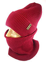 Шапка вязаная зимняя женский Комплект в рубчик шапка-шарф Зимние комплекты мужские Бордовый