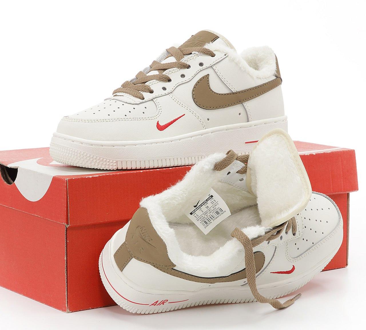 Жіночі зимові кросівки Nike Air Force 1 Low Winter (Бежеві) Найк Аір Форс 1 високі шкіра тепле хутро зима В'єтнам