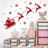 Новогодняя наклейка Санта на санях с оленями (снежинки снег дед мороз подарки) Набор S 75 см матовая Красный