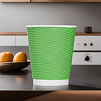 Стакан бумажный гофрированный одноразовій для кофе 300мл Зеленый ВОЛНА 25шт Ø80 мм