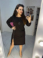Платье женское трикотажное двунитка свободного кроя черное больших размеров батал с длинным рукавом EL-6289