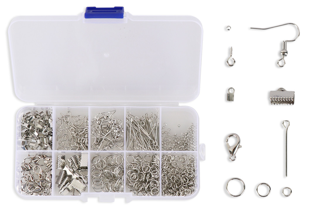 Набір фурнітури для створення біжутерії, 10 комірок, срібло, фото 1