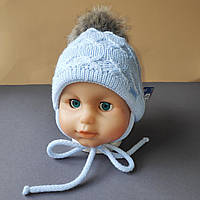 Зимова в'язана дитяча шапочка для новонароджених розмір 36-38 на флісі колір блакитний