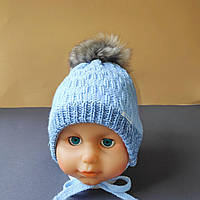 Зимняя вязаная детская шапочка для новорожденных размер 38-40 на флисе цвет голубой