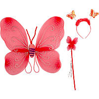 Дитячий карнавальний набір крила метелика з устілцем, обручем і паличкою червоний колір