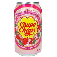 Напій газований зі смаком полуниці з вершками Chupa Chups Strawberry&Cream 345 мл ж/б Корея