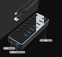 USB хаб Deepfox RSH-518 USB 3.0 7 портів з блоком живлення hub концентратор алюмінієвий, фото 3