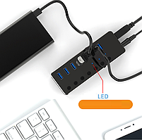 USB хаб Deepfox RSH-518 USB 3.0 7 портів з блоком живлення hub концентратор алюмінієвий, фото 4