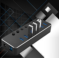 USB хаб Deepfox RSH-518 USB 3.0 7 портів з блоком живлення hub концентратор алюмінієвий, фото 8