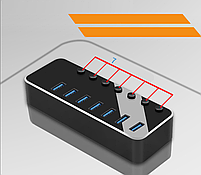 USB хаб Deepfox RSH-518 USB 3.0 7 портів з блоком живлення hub концентратор алюмінієвий, фото 11