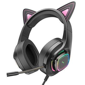 Навушники з вушками і мікрофоном для комп'ютера з підсвічуванням, ігрові котячі навушники з вушками котика для ПК