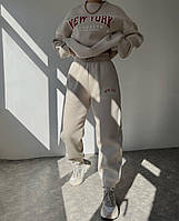 Женский стильный теплый молодежный спортивный костюм оверсайз с надписью (беж, серый)