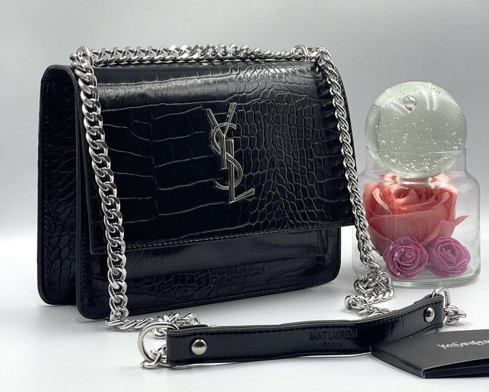 Жіноча сумка YSL на ланцюжку, срібна фурнітура, шкіра "під крокодила" 23*17*8 см, 931455, фото 1