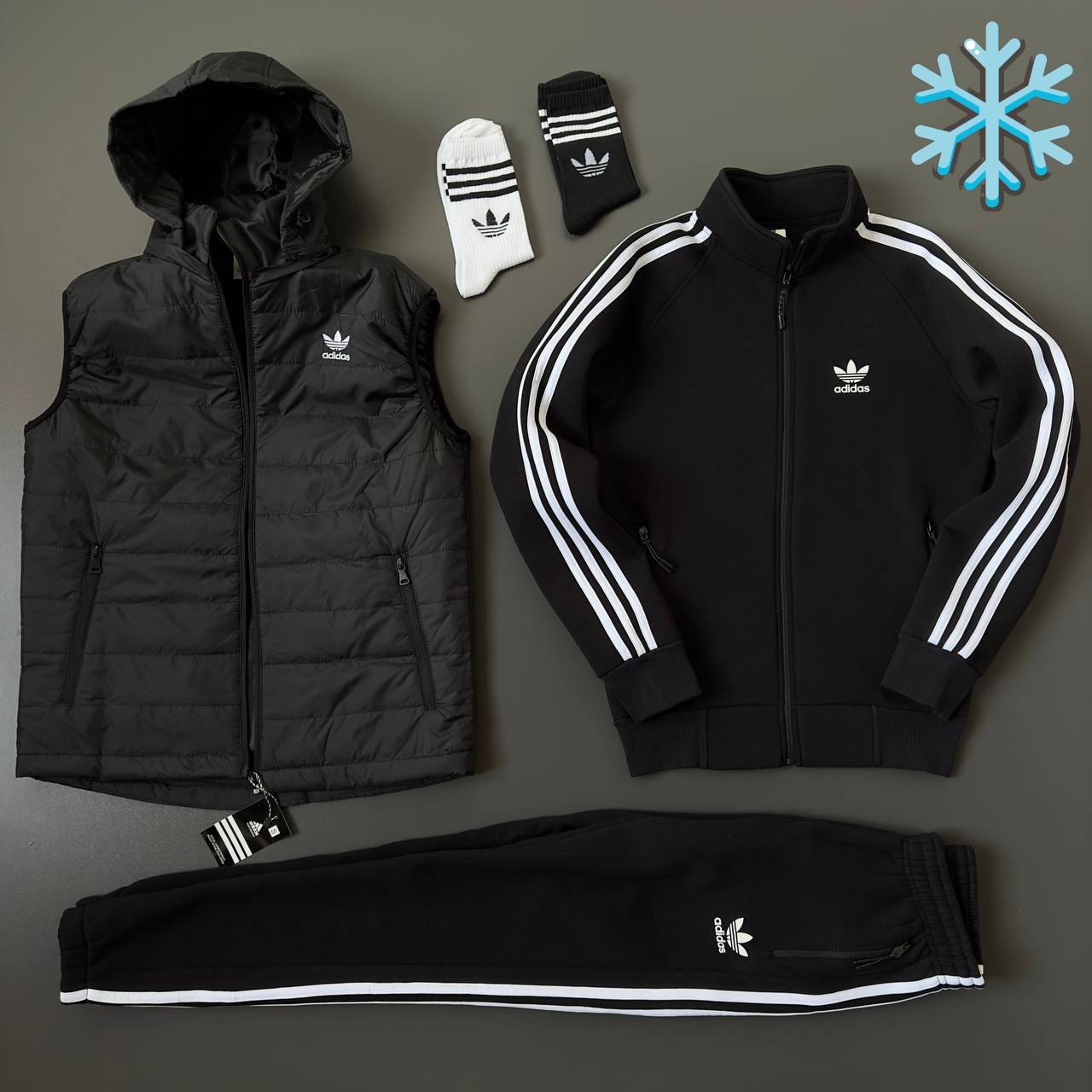 Спортивний костюм чоловічий зимовий Adidas теплий трикотажний на флісі комплект одягу (кофта+жилетка+штани) чорний Туреччина