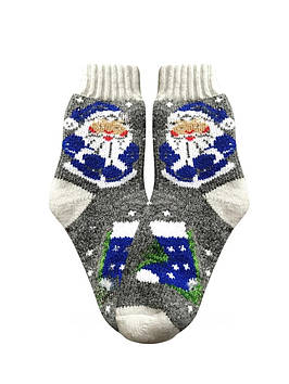 В'язані шкарпетки дитячі із натуральної вовни ангора теплі сірі з новорічним принтом Розмір 29-34