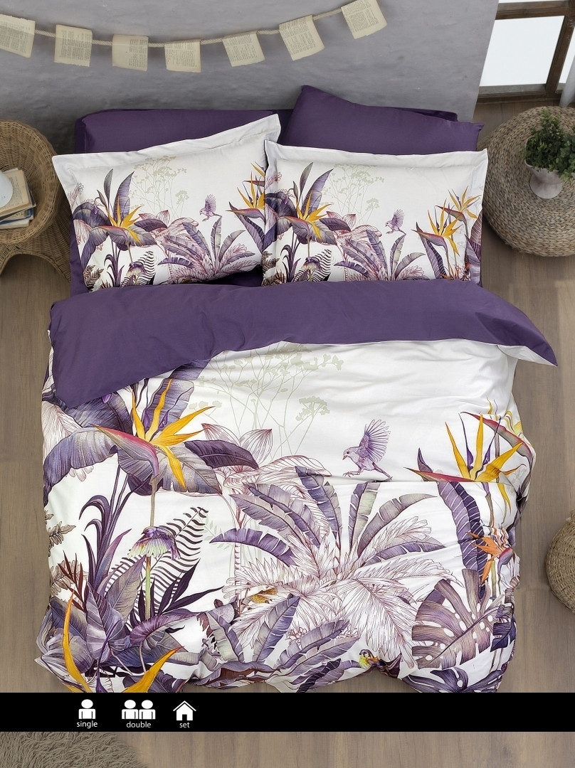 Турецька Постільна Білизна First Choice 3D Satin Palm Garden Purple 200х220см, фото 1