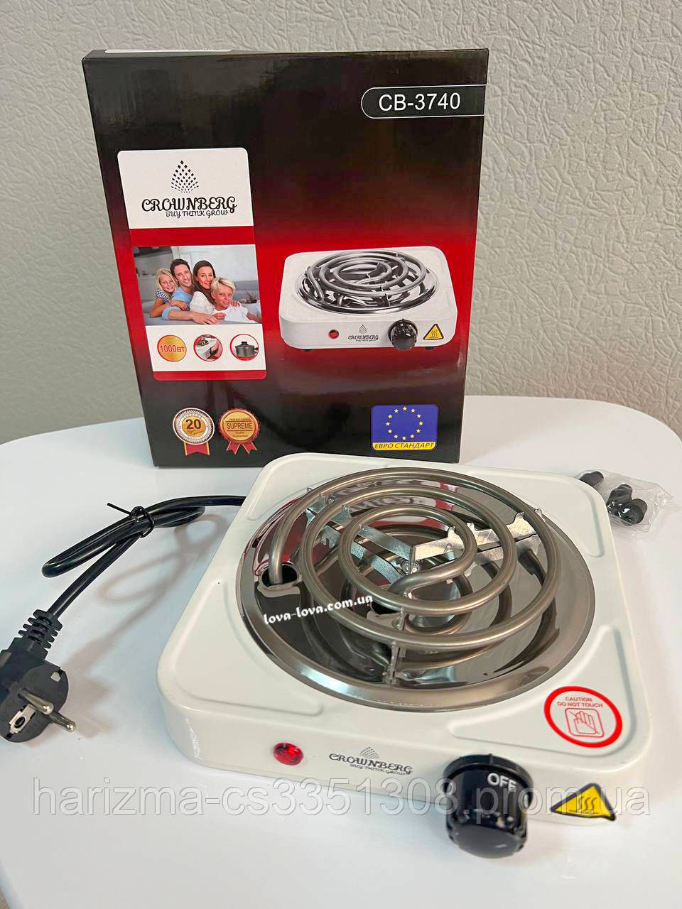 Електрична плита на одну конфорку спіральна Crownberg CB-3740 потужністю 1000 Вт Біла - фото 1 - id-p1996376703