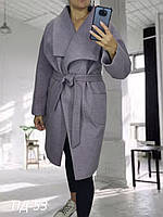 Стильне пальто прямого крою з поясом в пудровому кольорі / розмір 48