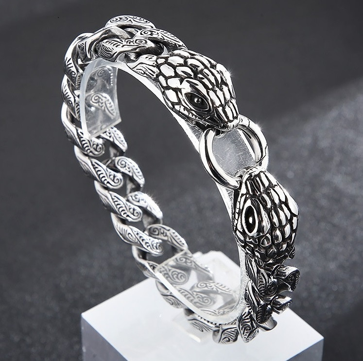 Браслет чоловічий на руку змія сталевий сріблястий, фото 1
