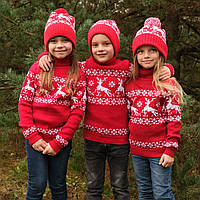 Детский вязаный рождественский свитер "Олени" Гольф Красный