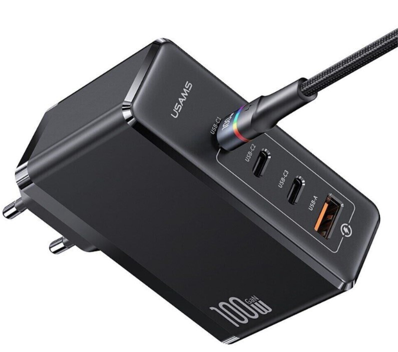 ⇒ Зарядний пристрій USAMS GaN 100W (3 Type-C + 1 USB) PD3.0, QC4.0 + Кабель Type-C 100W PD