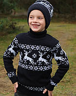 Детский вязаный рождественский свитер "Олени" Гольф Синий