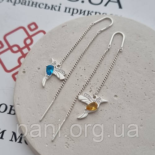 Сережки протяжки срібні з підвіскою пташками та жовтим блакитним і білими фіанітами