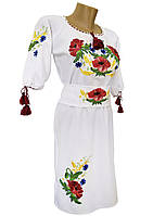 Белое вышитое женское платье больших размеров с рукавом 3/4 «Мак-василек» Код/Артикул 64 01154