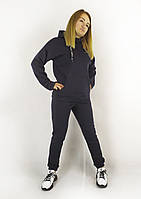 Трикотажний спортивний костюм для жінок на флісі темно-синього кольору із капюшоном під горло XL, XXL, 3XL Код/Артикул 64 11062