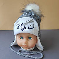 Зимняя вязаная детская шапочка теплая размер 44-48 на флисе цвет серый