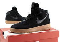 Мужские зимние кроссовки Nike Air Force 1 High "Black". Форсы высокие черные замшевые