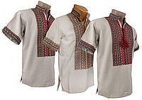 Модная мужская вышиванка цвета льна с коротким рукавом с геометрическим орнаментом Код/Артикул 64 11031