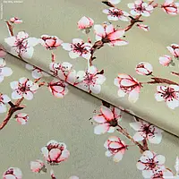 Декоративний велюр принт сакура / blossom колір св. оливка (280см 291г/м² пог.м) 164081