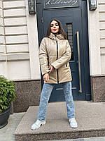 Зимова стильна жіноча куртка з екошкіри з капюшоном (Onesize 42-48), Бежева