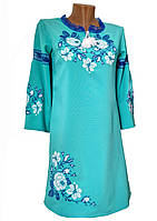 Современное вышитое платье больших размеров с длинным рукавом на бирюзовой ткани Код/Артикул 64 01103